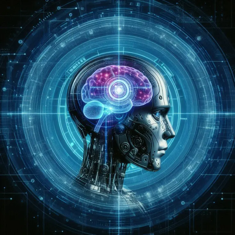 A cross-section of a humanoid robot showing a robotic brain capable of artificial intelligence automation.