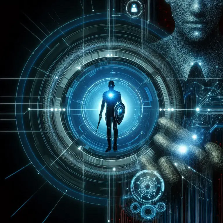 A silhouette of a person holding a sword and shield showing adaptability of web developers in Malaysia against cyber threats.